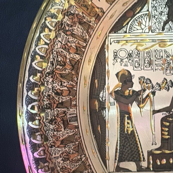 Egyptian Etched Art Solid Brass  & Copper Plate W/ Pharaoh Scene And Map - Picture 3 of 7